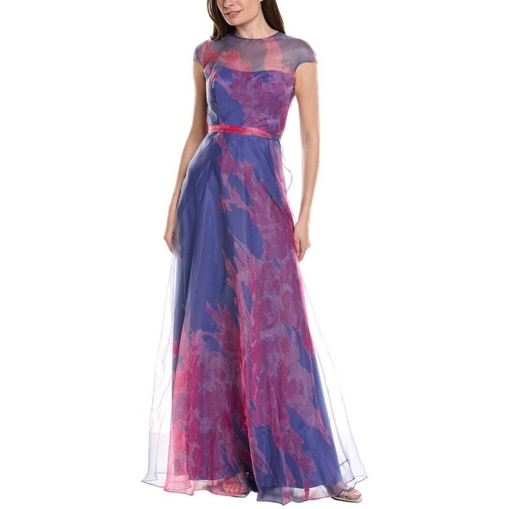 Rene Ruiz Womens  Cap Sleeve Sheer Overlay Floral Gown, Purple